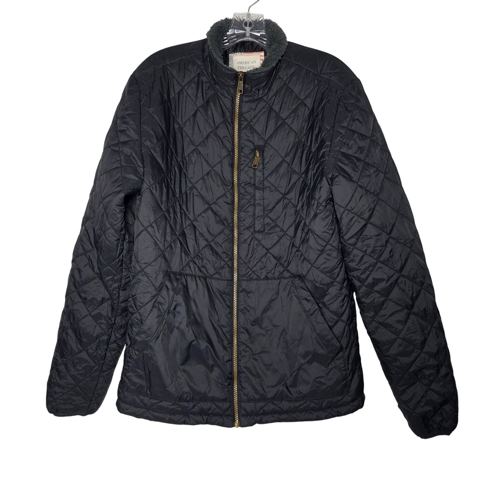 American Threads Black Quilted Puffer Jacket Small Fleece Collar Full Zip
